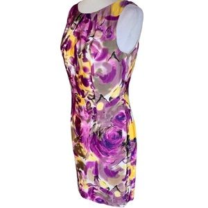 Ann Taylor floral purple, yellow, black, gray, and white fitted dress. Size 4.